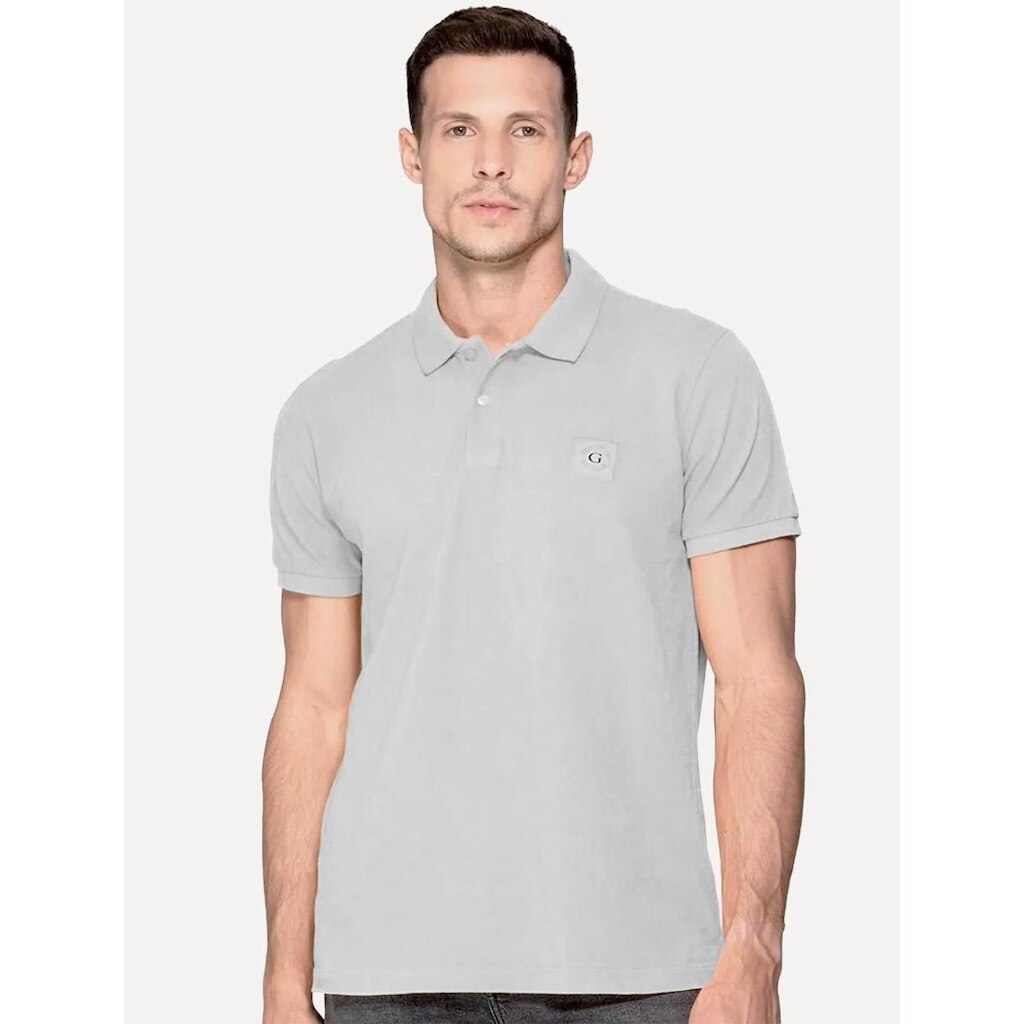 Polo Guess Masculina Piquet Small Patch Cinza Claro
