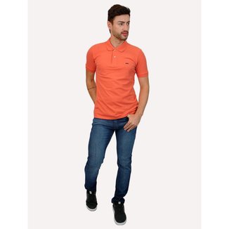 Polo King & Joe Masculina Piquet Slim Navy Logo Laranja Coral
