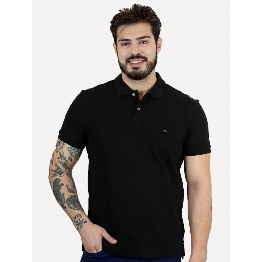 Polo Tommy Hilfiger Masculina Mercerised Jacquard Preta