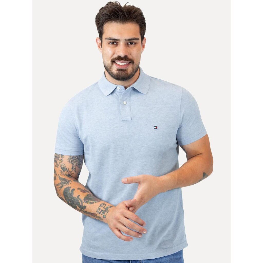 Polo Tommy Hilfiger Masculina Regular Piquet 1985 Azul Claro Mescla