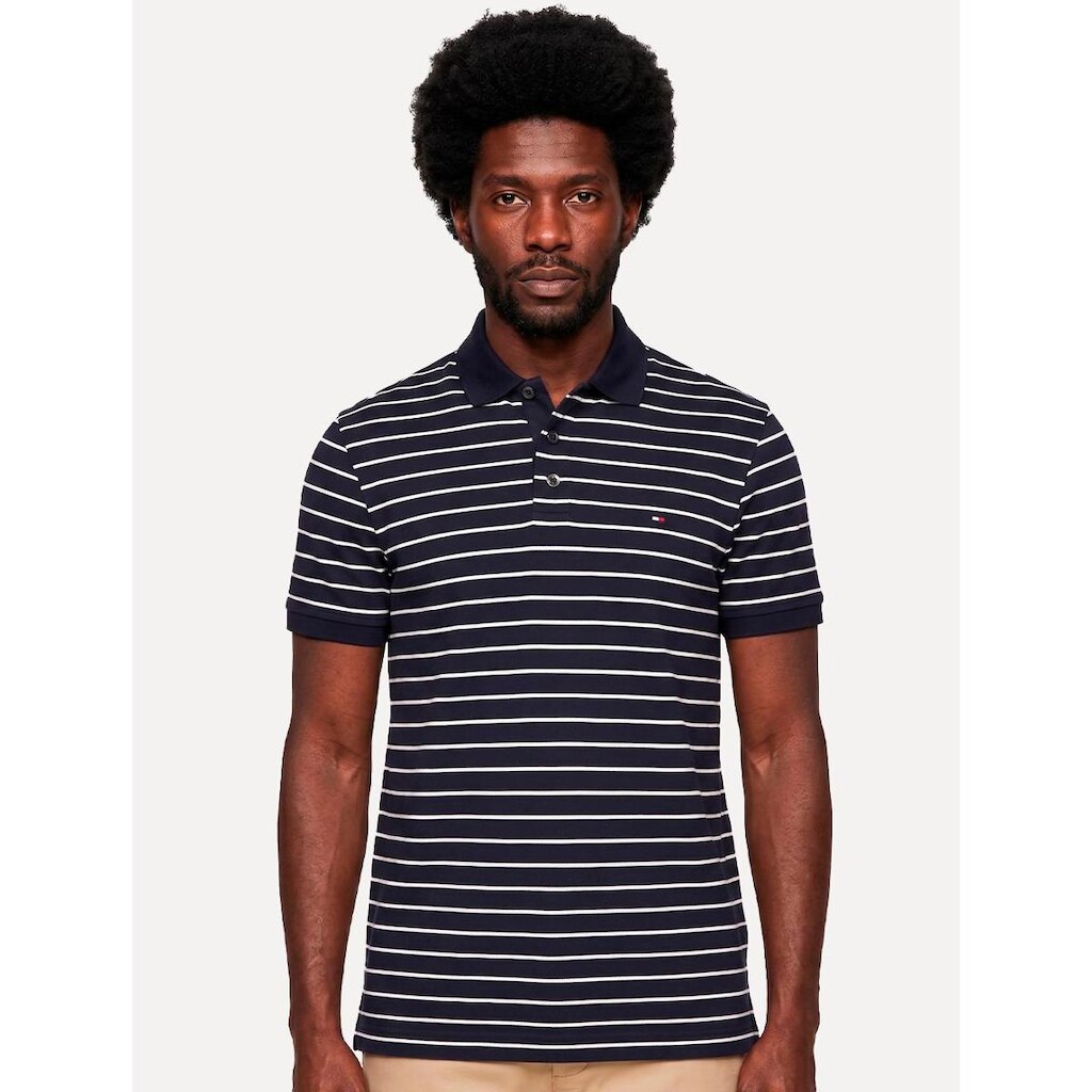 Polo Tommy Hilfiger Masculina Regular Piquet 1985 Listrada Azul/Branco