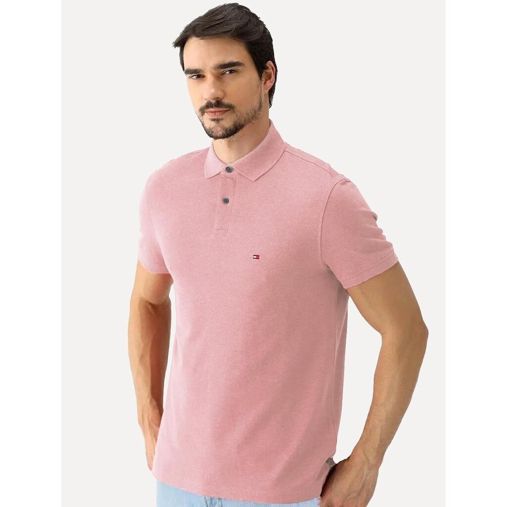 Polo Tommy Hilfiger Masculina Regular Piquet 1985 Rosa Claro Mescla
