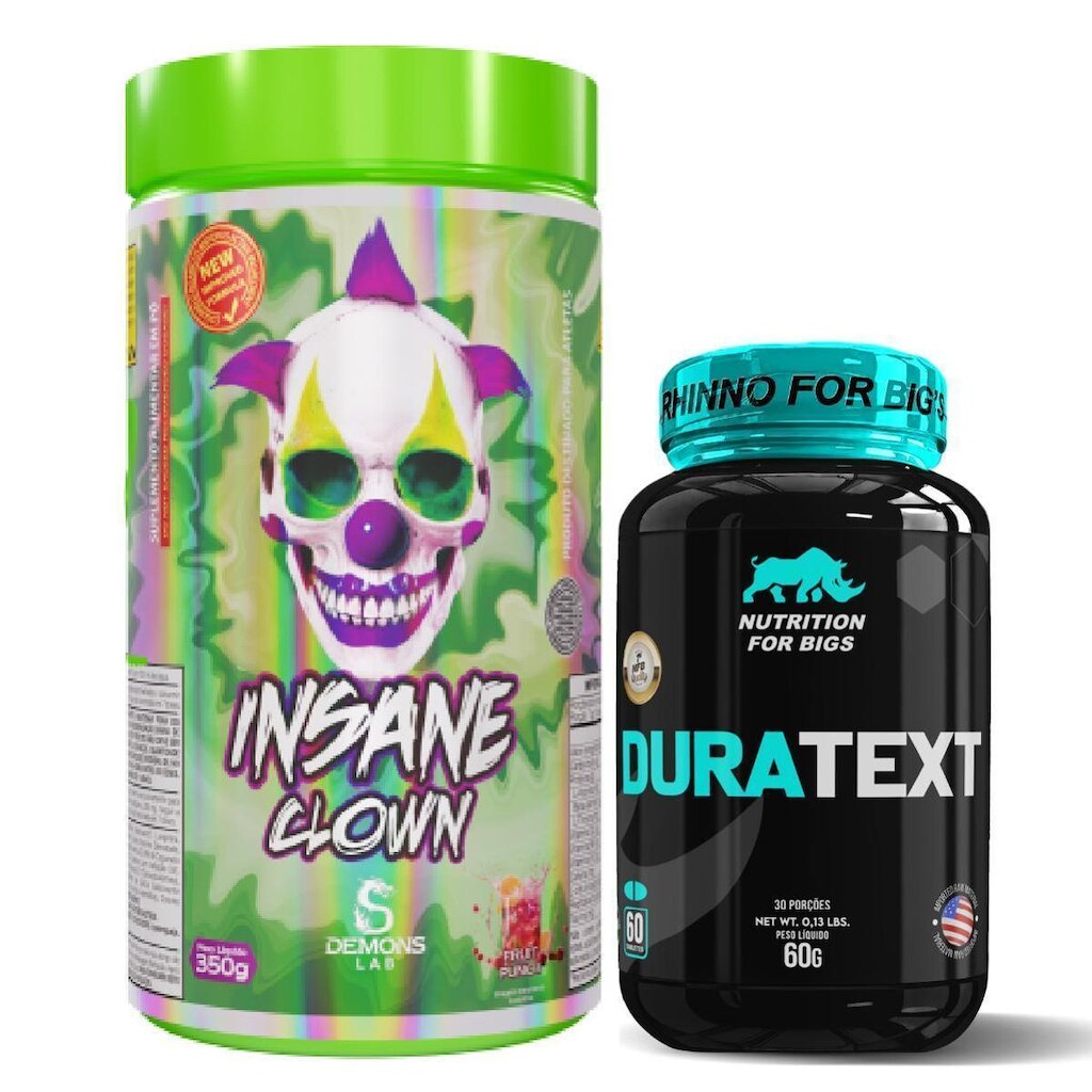 Pré Treino Insane Clown 350g Demons Lab + Pré Hormonal Duratext 60 Tabletes Nutrition For Bigs
