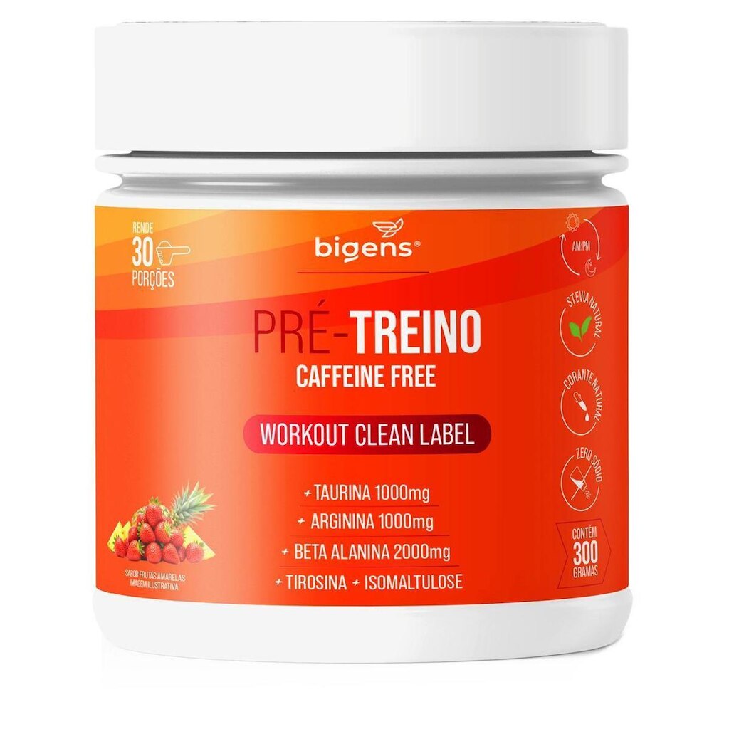 Pré Treino Noturno Sem Cafeína Sabor Morango e Abacaxi 300g - Bigens