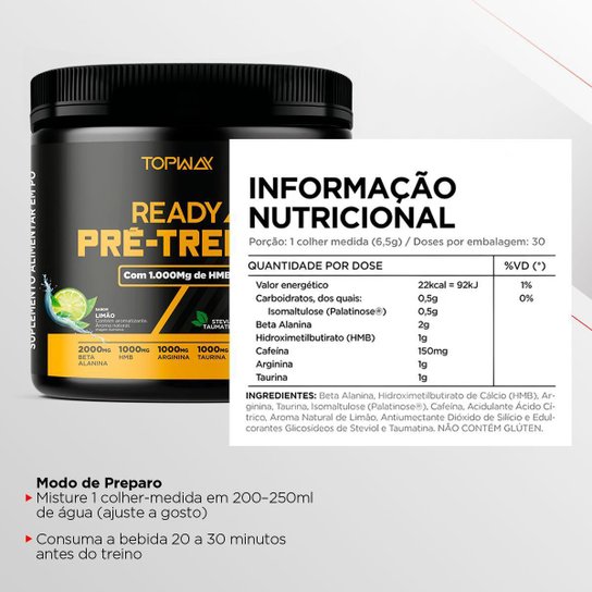 Pré Treino Ready Com Hmb E Cafeína 195G Sabor Limão Topway