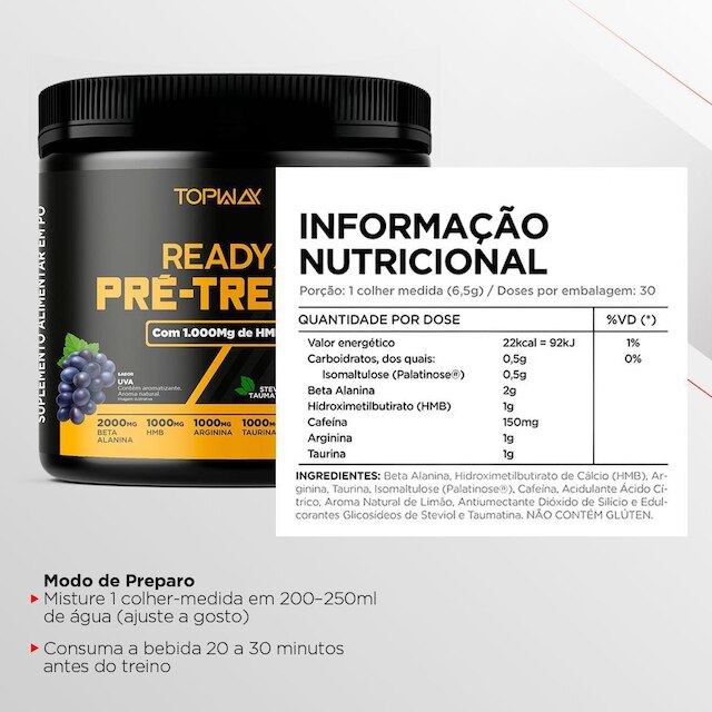 Pré Treino Ready Com Hmb E Cafeína 195G Sabor Uva Topway