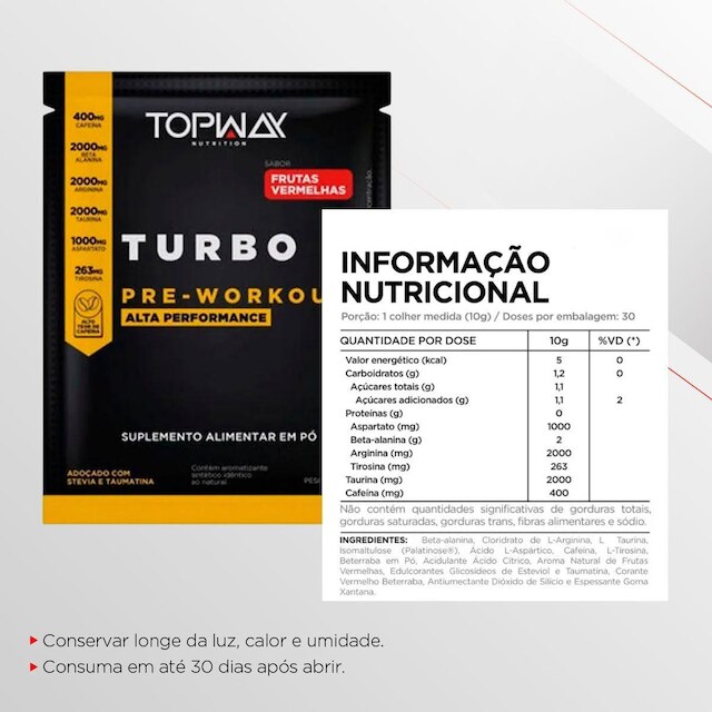 Pré Treino Turbo Frutas Vermelhas 300G Topway 10 Sachê 10G