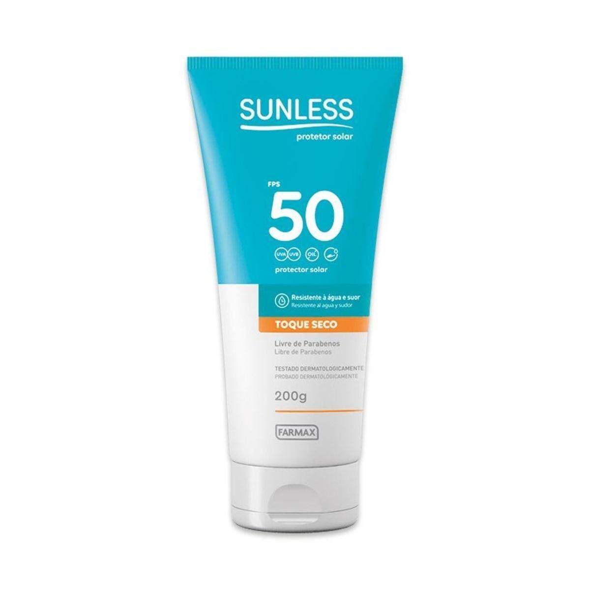 Protetor Solar Sunless FPS 50 Toque Seco 200g Farmax Menor preço em Protetor Solar Sunless FPS 50 Toque Seco 200g Farmax