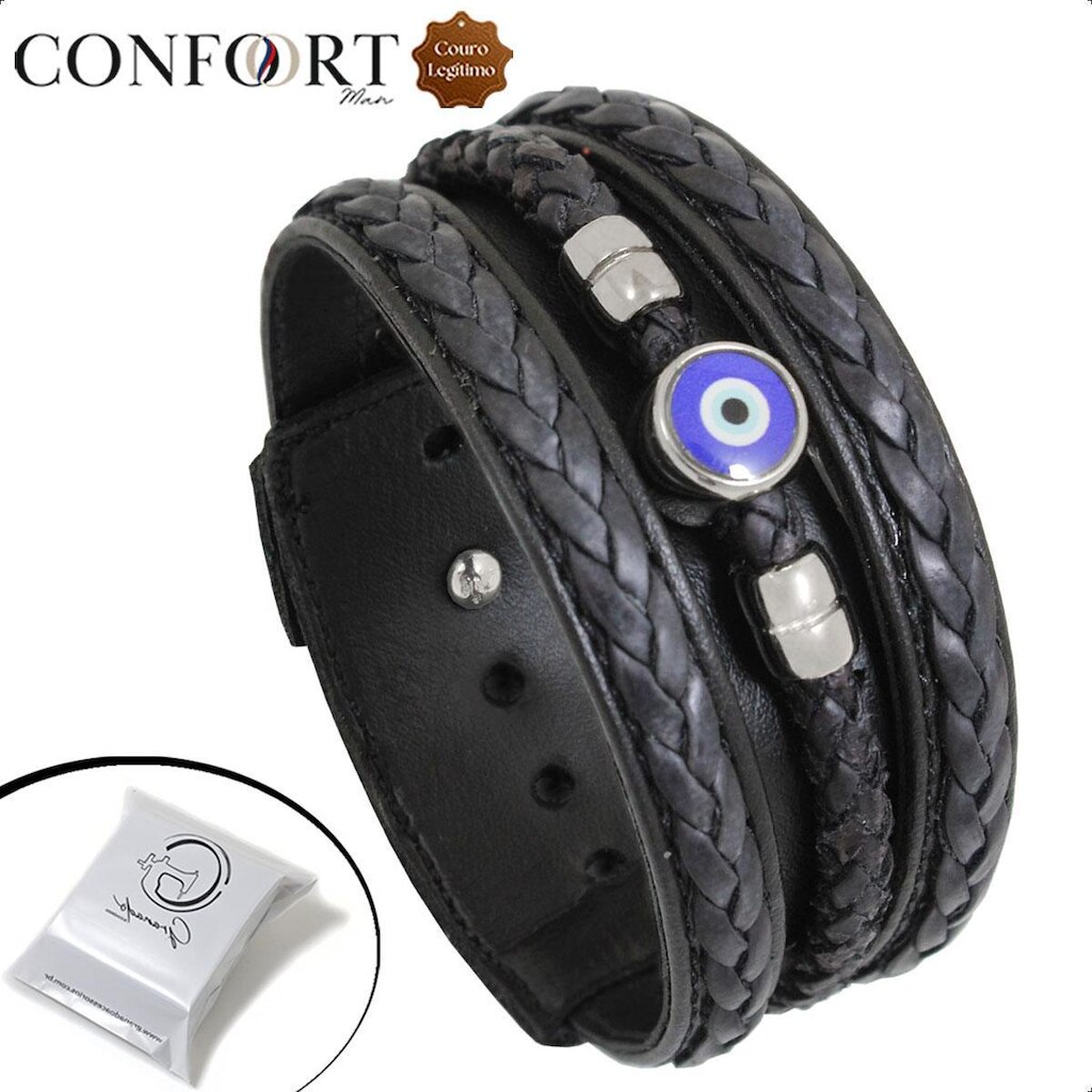 Pulseira Ajustável De Couro Preto e Marrom Masculina Olho Grego Trançado