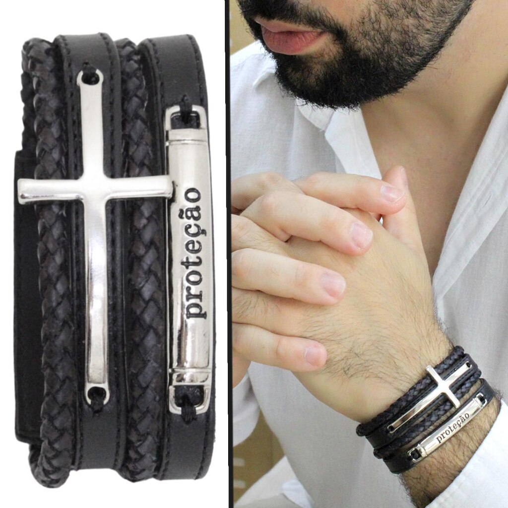 Pulseira Bracelete de Couro Ajustável Proteção NE