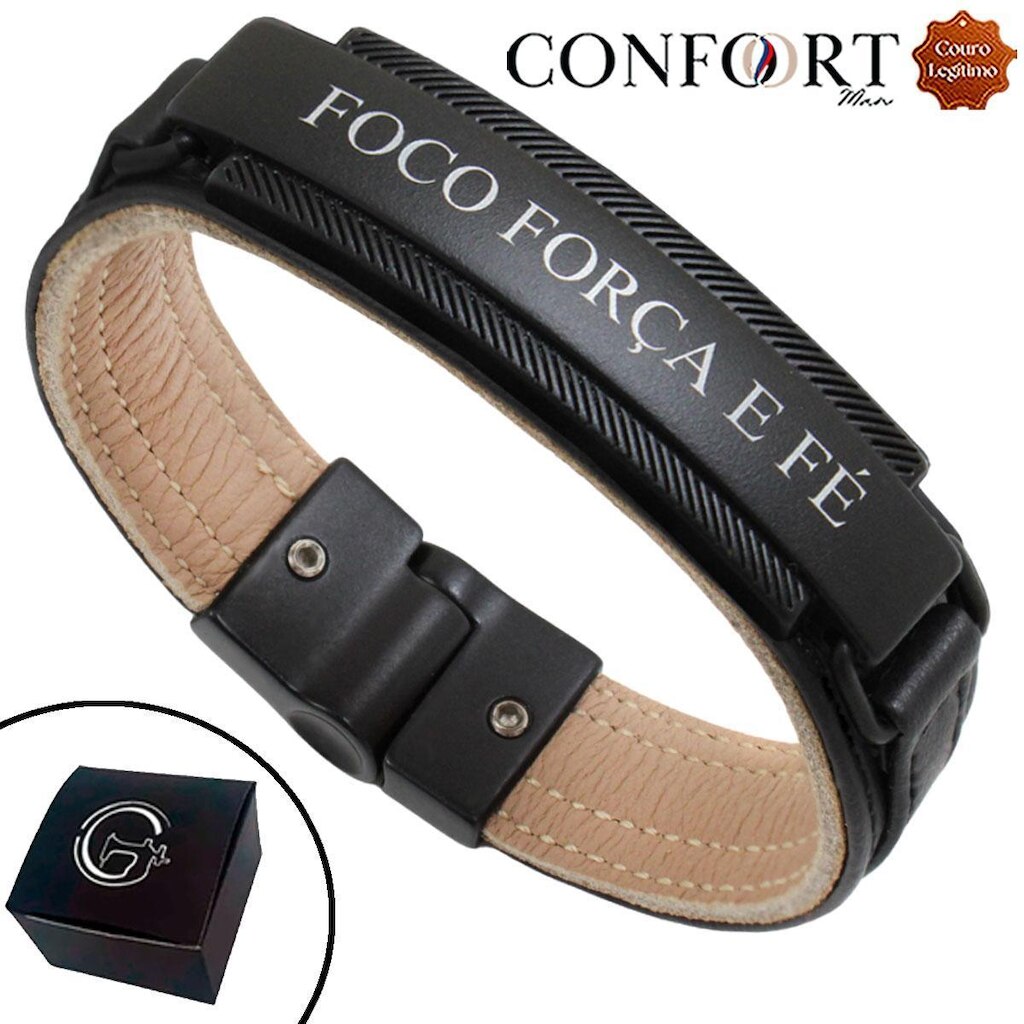 Pulseira Couro Preto Bege Magnética com Imã Foco Força e Fé Placa