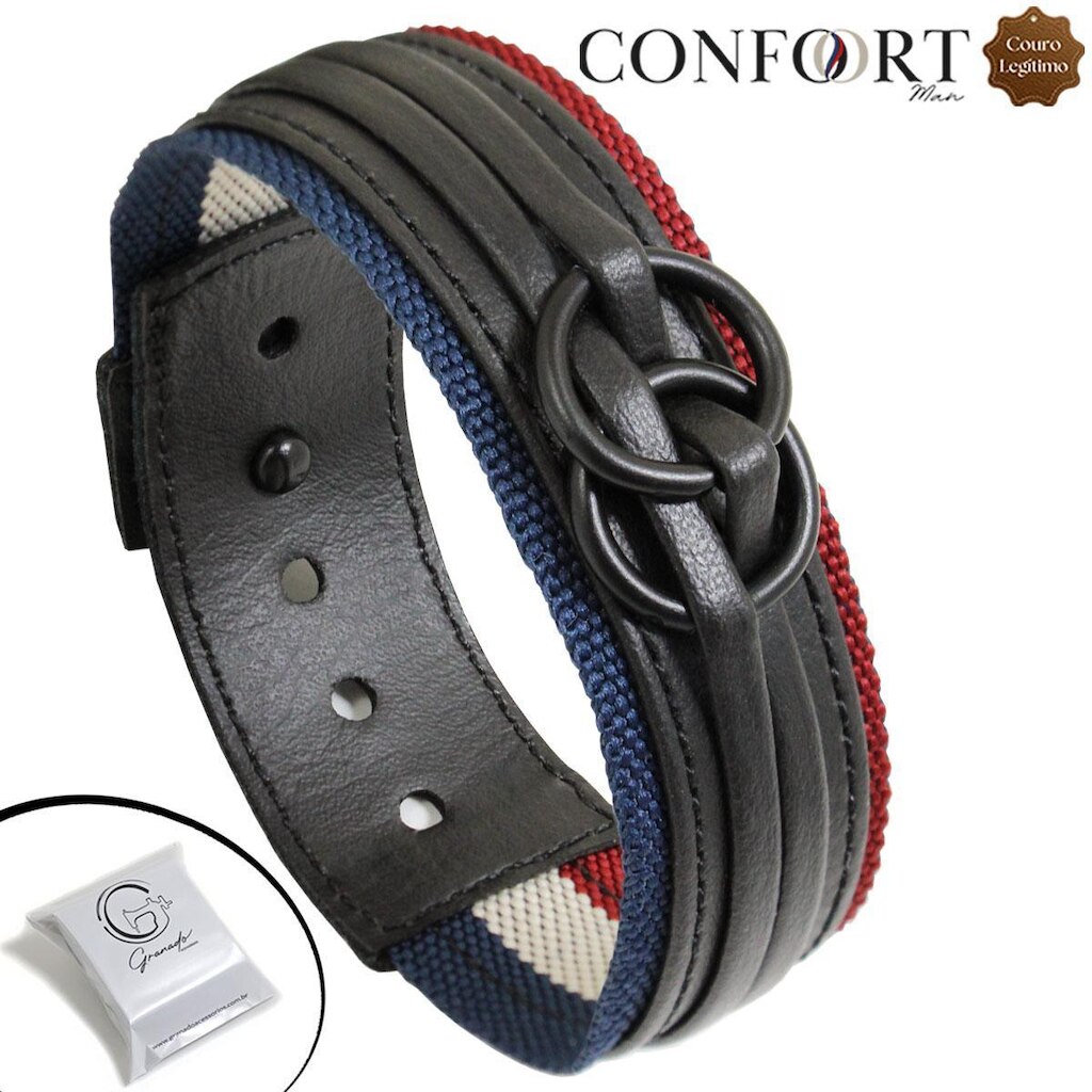 Pulseira de Couro Ajustável Arcos Círculos Prata e Preto Argolas