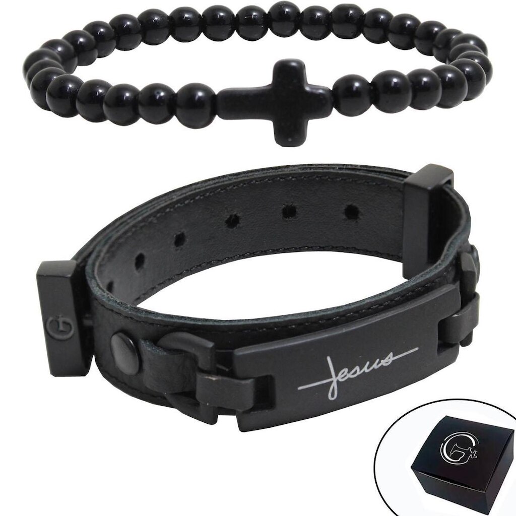 Pulseira de Couro Kit 02 Cristo Cruz Fecho Strap Plug Ajustável e Pulseira Cruz e Esferas - NE