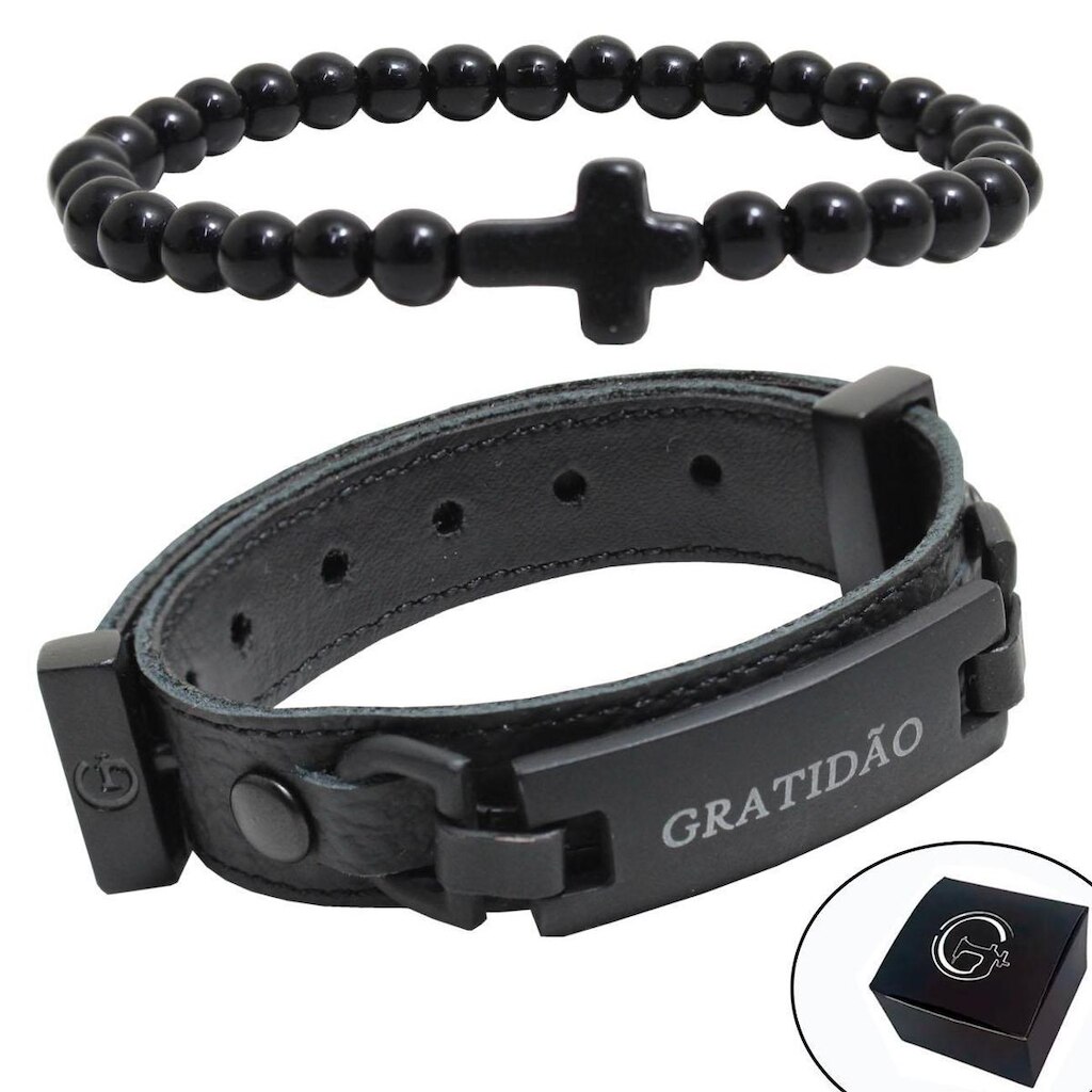 Pulseira de Couro Kit 02 GRATIDÃO  Ajustável e Pulseira Cruz e Esferas - NE