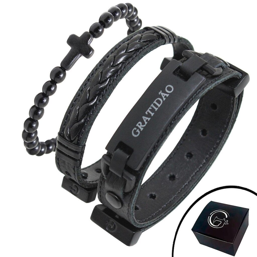 Pulseira de Couro Kit 03 GRATIDÃO com Fecho Strap Plug Ajustável e Pulseira de Esferas - NE