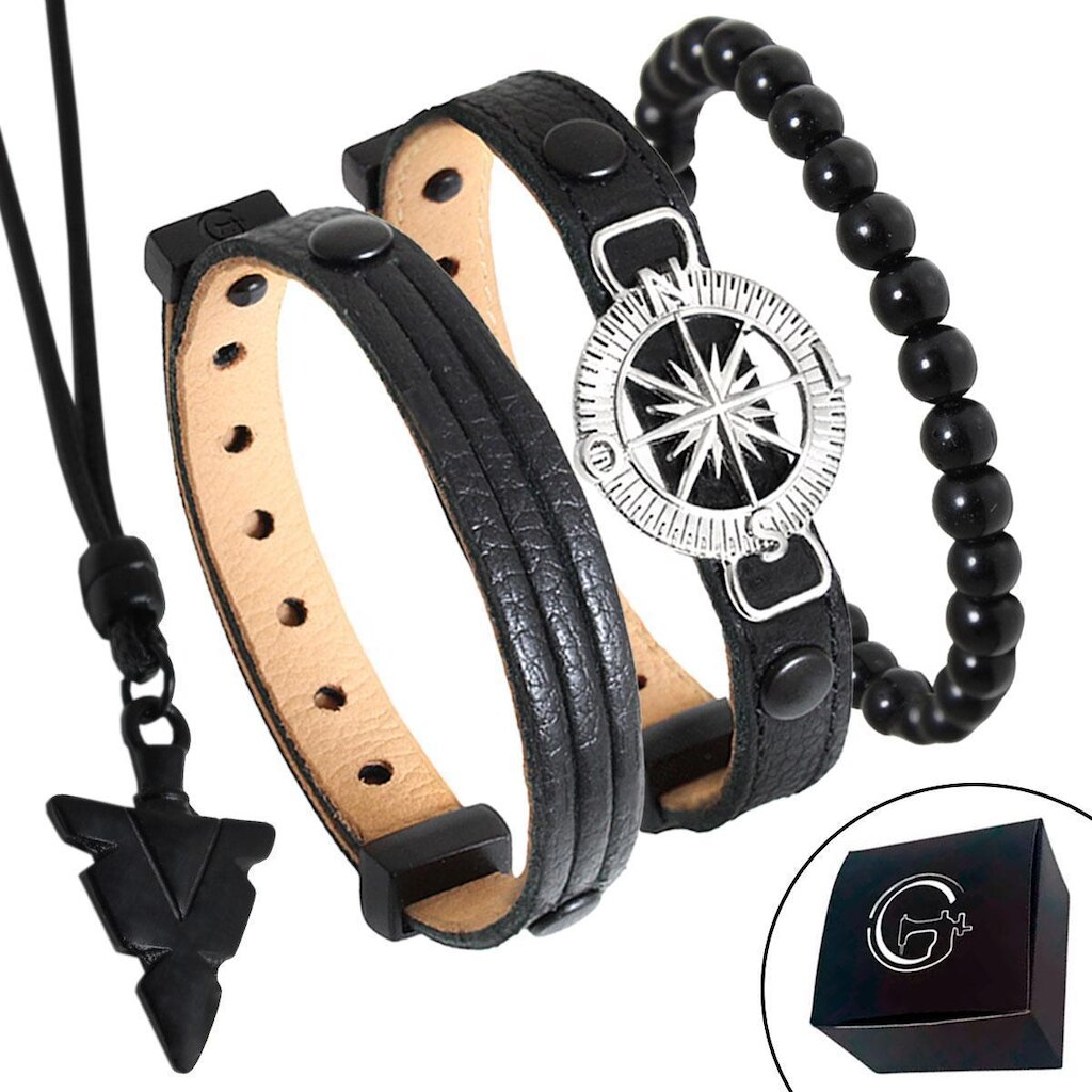 Pulseira de Couro Kit 04 Bússola com Fecho Strap Plug Ajustável com Colar Flecha - NE