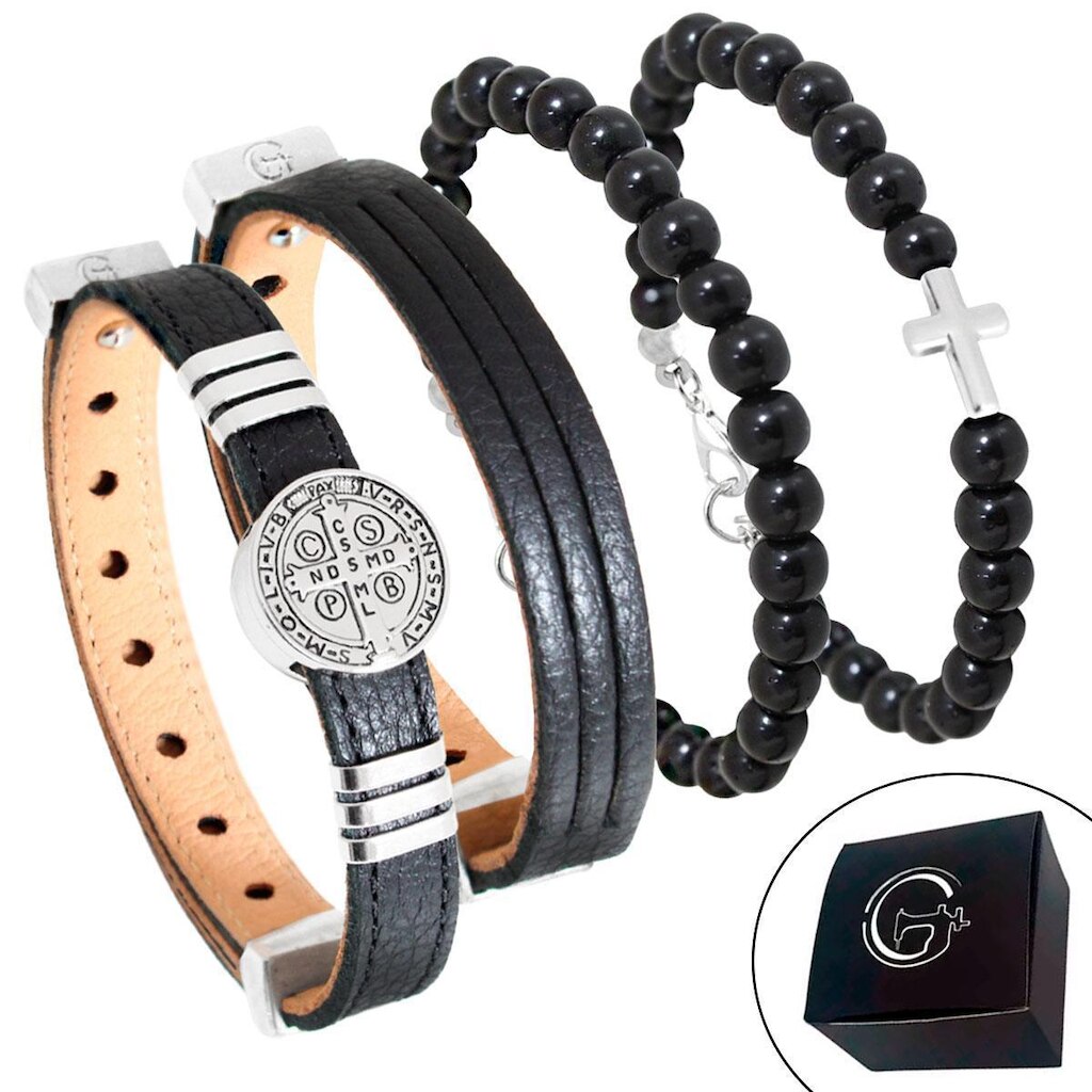 Pulseira de Couro Kit 04 São Bento Fecho Strap Plug Ajustável - NE