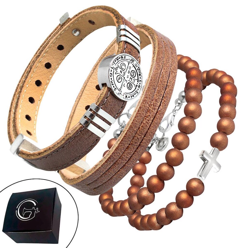 Pulseira de Couro Kit 04 São Bento Fecho Strap Plug Ajustável - NE