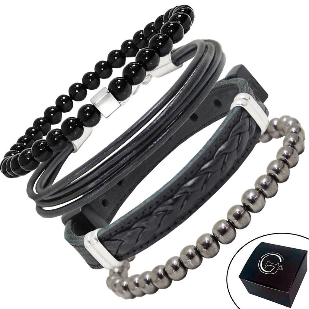 Pulseira de Couro Kit 04 Trança com Fecho Strap Plug Ajustável e Pulseiras de Esferas - NE