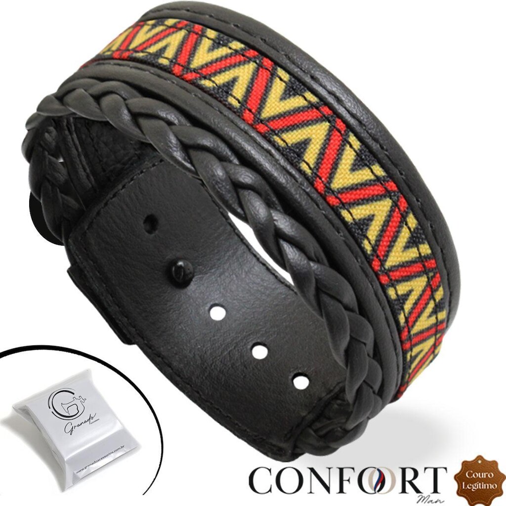 Pulseira de Couro Preto Ajustável Trançada Vermelho e Amarelo