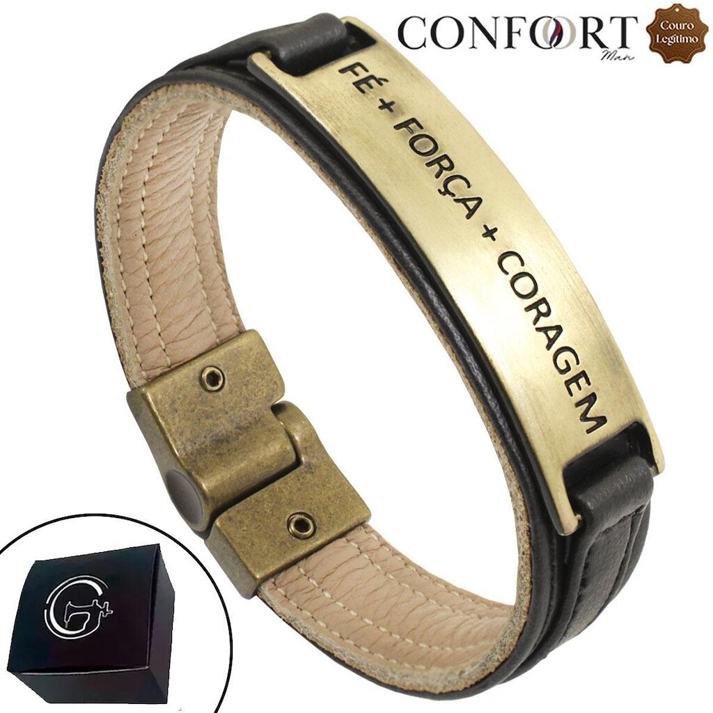 Pulseira de Couro Preto Força Coragem Ouro Velho Magnética Placa