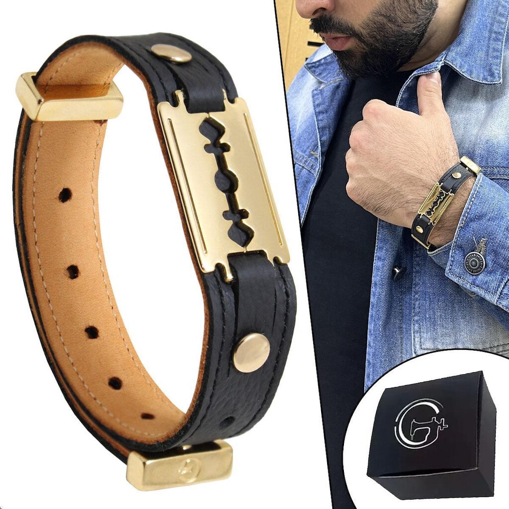 Pulseira de Couro Preto Lâmina Barbearia Banho Strap Plug - NE
