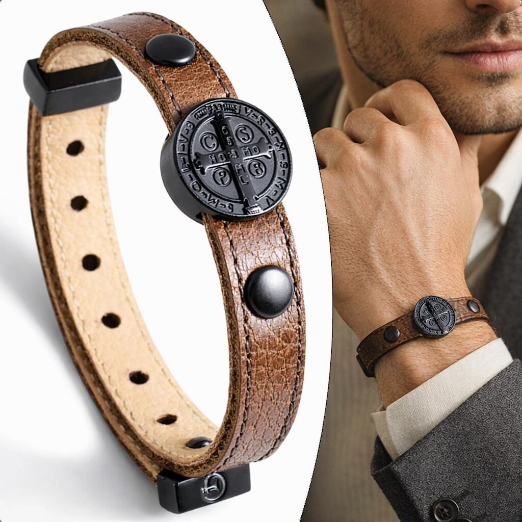 Pulseira de Couro São Bento com Fecho Strap Plug Ajustável - NE