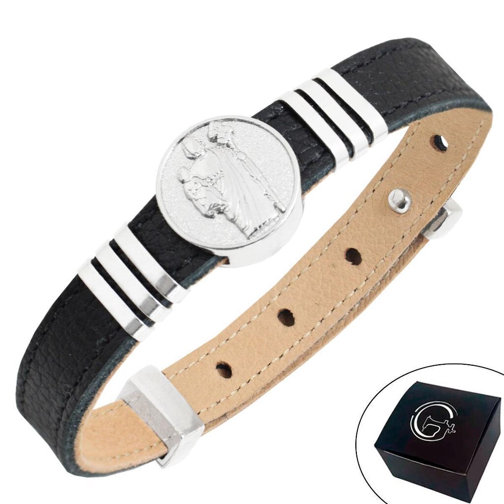 Pulseira de Couro São José com Fecho Strap Plug Ajustável - NE