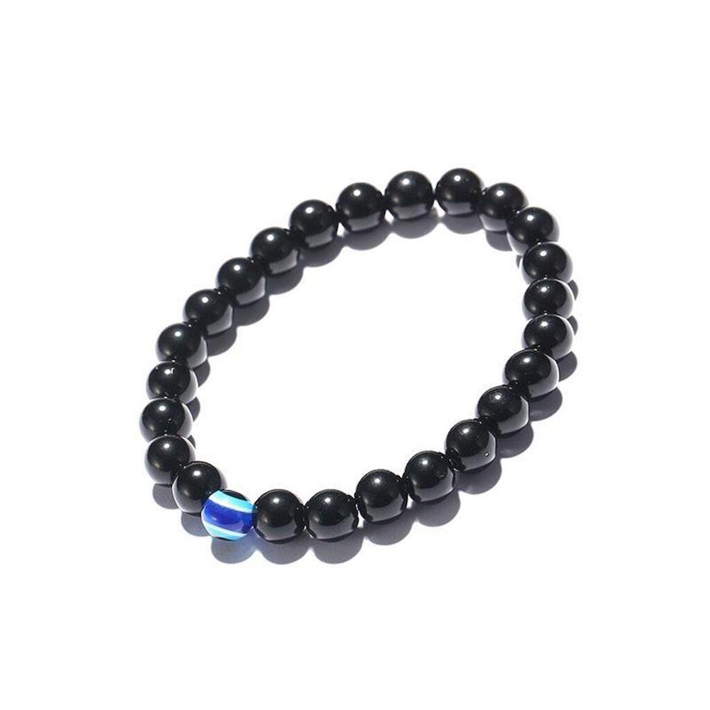 Pulseira Masculina De Bolinha Olho De Tigre Azul E Preta 8mm