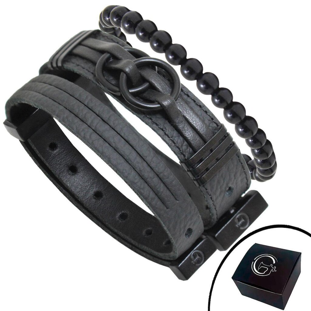 Pulseiras de Couro Kit 03 Arcos Black com Fecho Strap Plug Ajustável e Pulseira de Esferas - NE