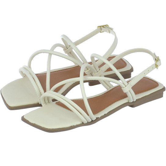 Rasteira branca sandália baixa feminina mulher delicada de tiras finas trançado bico quadrado - Branco Menor preço em Rasteira branca sandália baixa feminina mulher delicada de tiras finas trançado bico quadrado - Branco