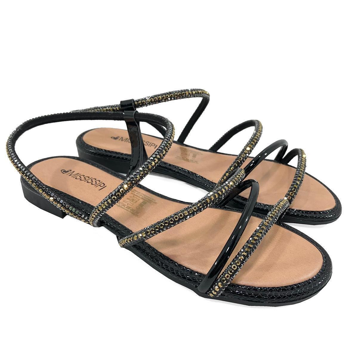 Rasteira Mississipi Tiras Strass Com Traseiro - Feminina - Preto | Netshoes
