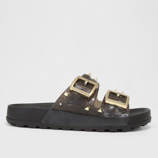 Rasteira Moleca Vinil Fivela Dupla Tachas - Preto+Dourado Menor preço em Rasteira Moleca Vinil Fivela Dupla Tachas - Preto+Dourado