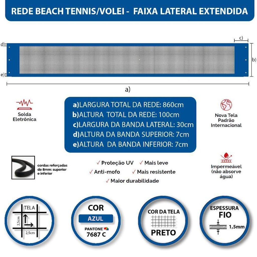 Rede Beach Tennis e Volei com banda lateral Zaka Azul 8,60m x 1m