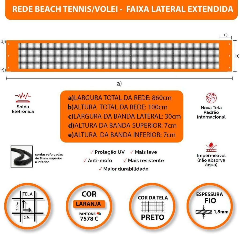 Rede Beach Tennis e Volei com banda lateral Zaka Laranja 8,60m x 1m