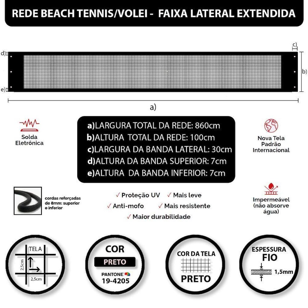 Rede Beach Tennis e Volei com banda lateral Zaka Preta 8,60m x 1m