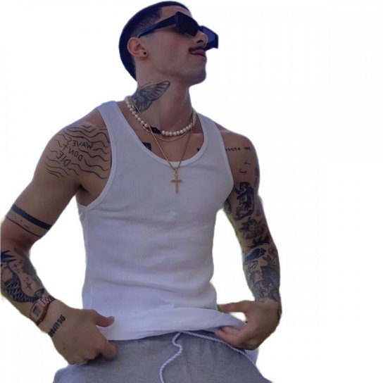 Regata Casual Básica Masculino Americana Com Malha Canelada - Branco Menor preço em Regata Casual Básica Masculino Americana Com Malha Canelada - Branco