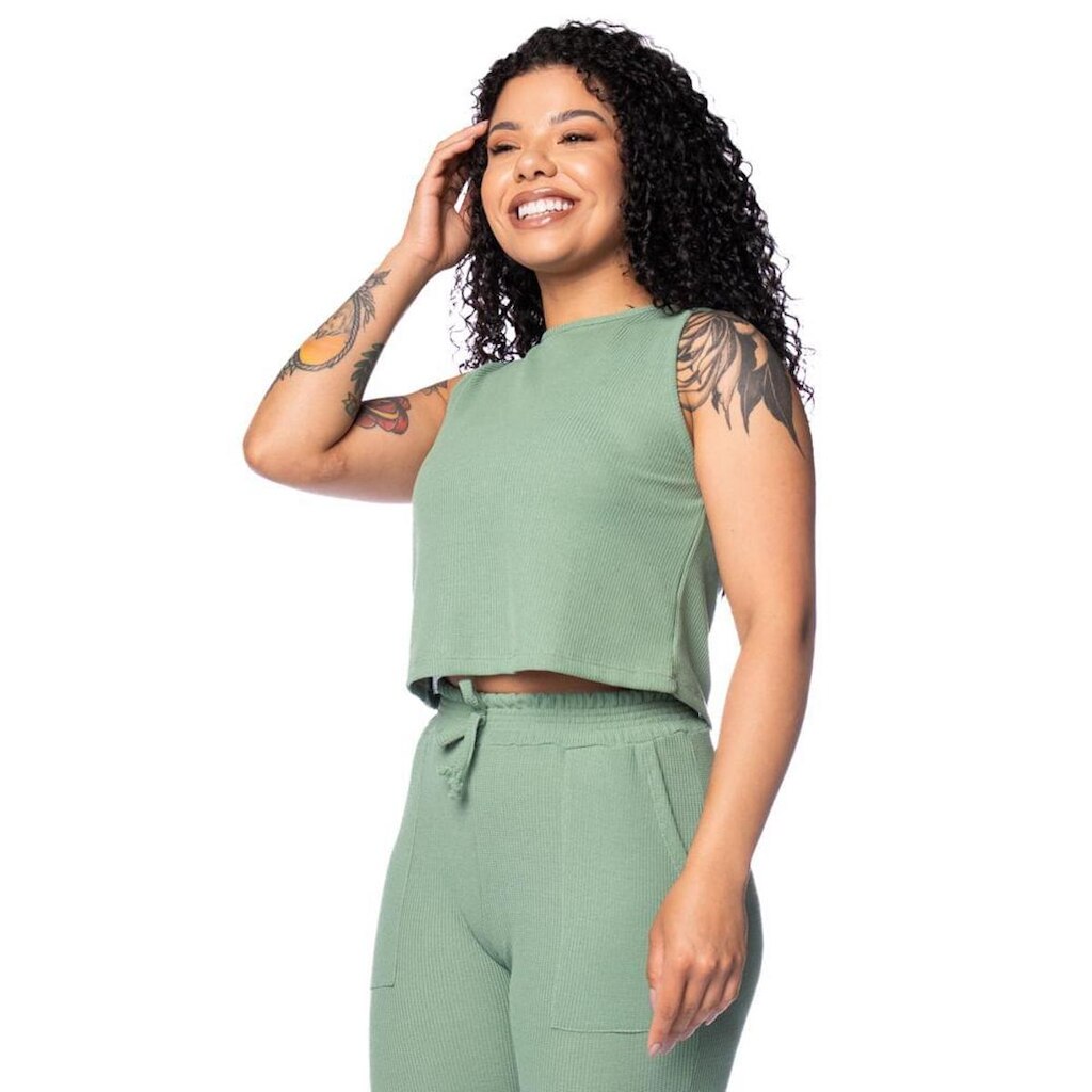 Regata Cropped Feminina Babicat Texturizada Caqui