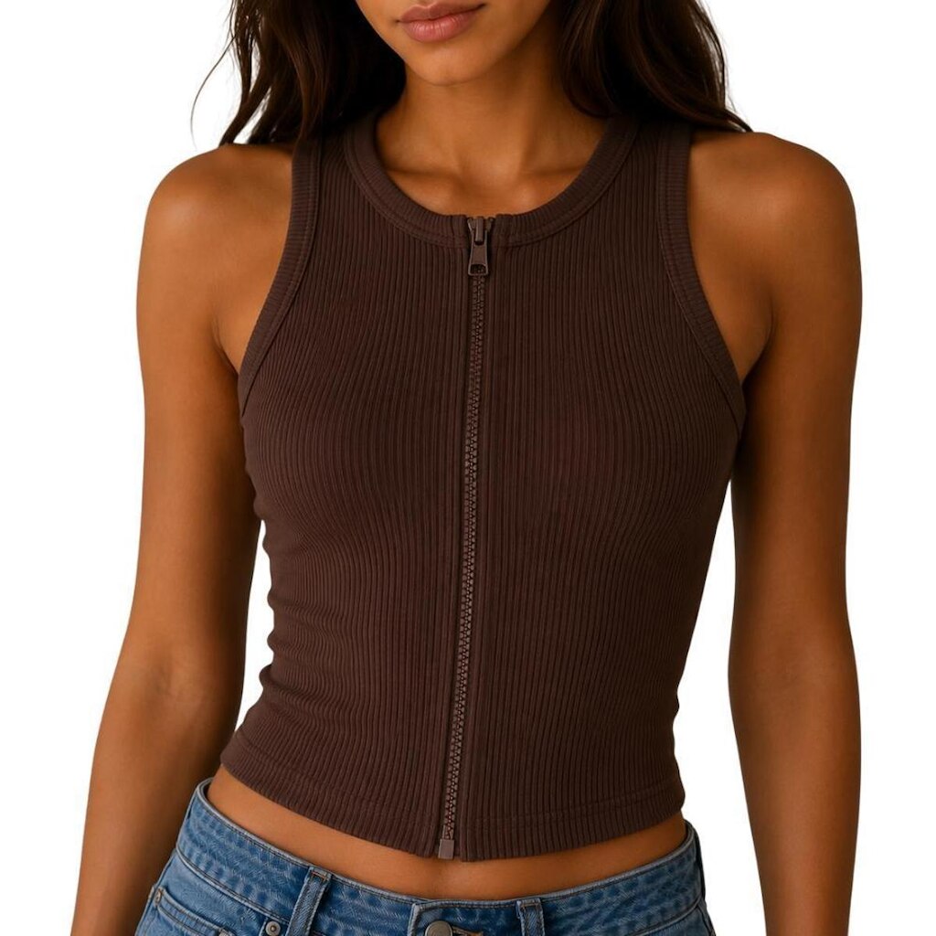 Regata Cropped Feminina Canelada em Poliamida com Zíper Frontal Casual