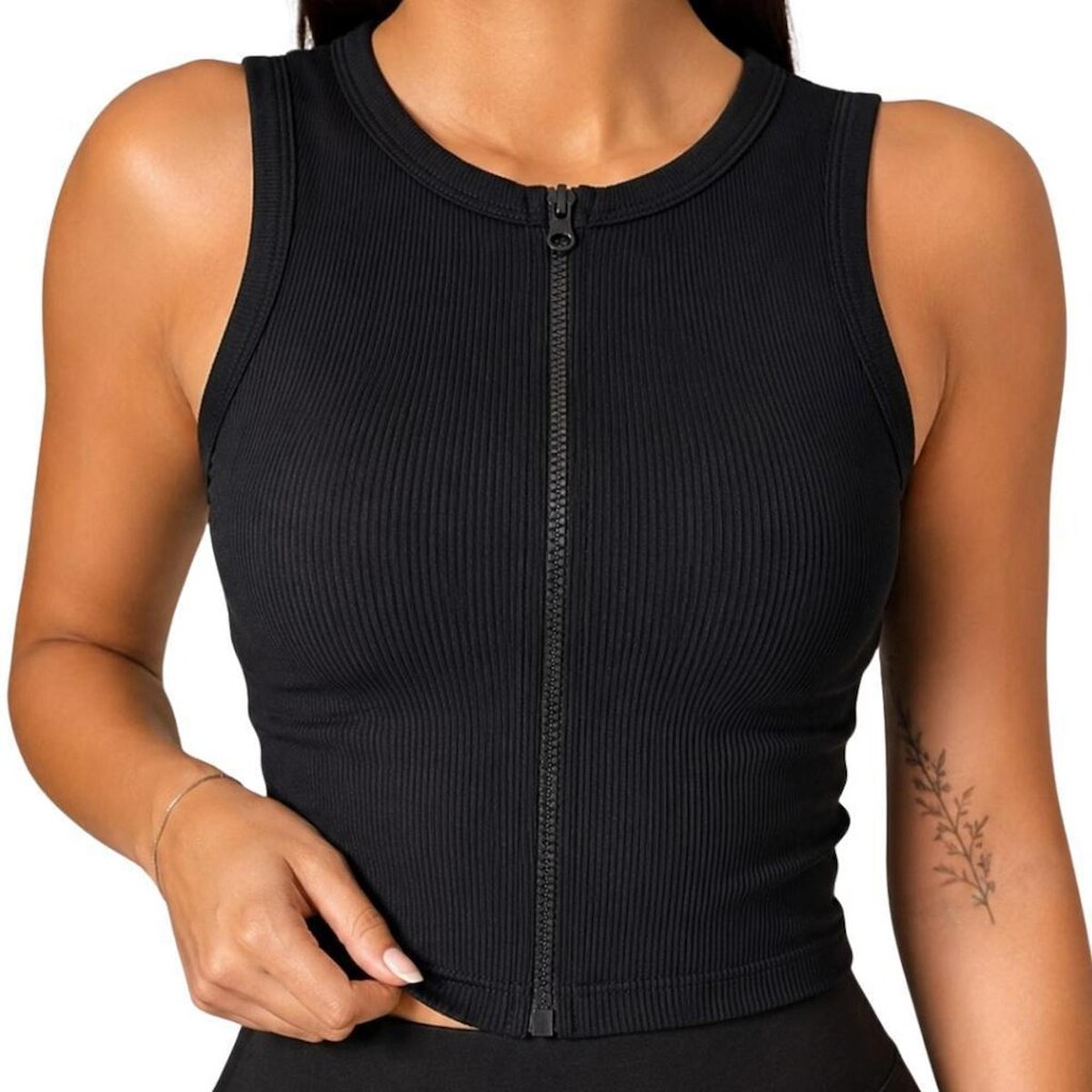 Regata Cropped Feminina Canelada em Poliamida com Zíper Frontal Casual