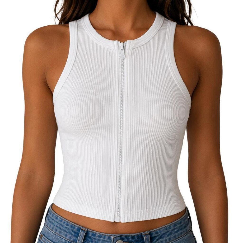 Regata Cropped Feminina Canelada em Poliamida com Zíper Frontal Casual