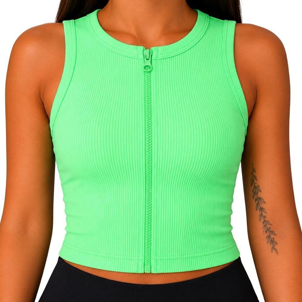Regata Cropped Feminina Canelada em Poliamida com Zíper Frontal Casual