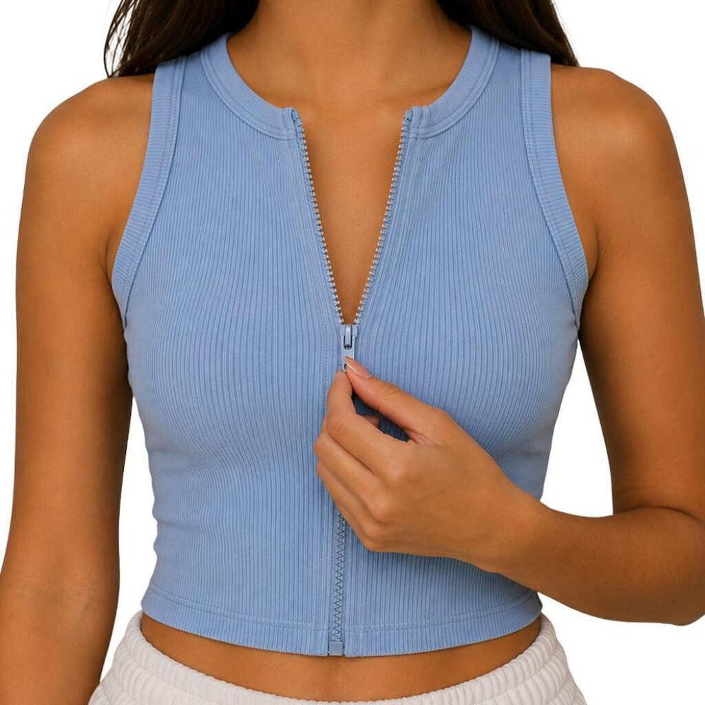 Regata Cropped Feminina Canelada em Poliamida com Zíper Frontal Casual