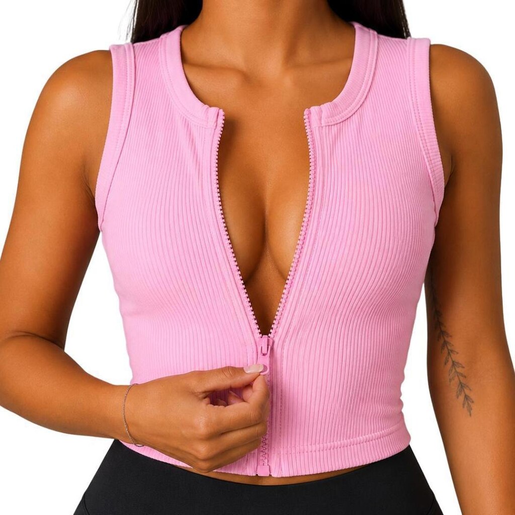 Regata Cropped Feminina Canelada em Poliamida com Zíper Frontal Casual