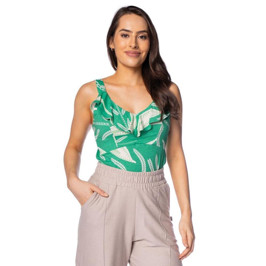 Regata Feminina Averzzy Estampada Decote com Babado Verde