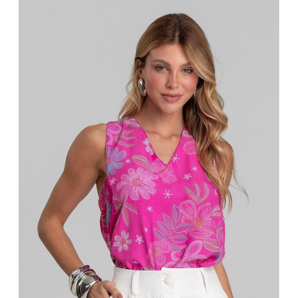 Regata Feminina em Tecido Estampado Dianna Rosa