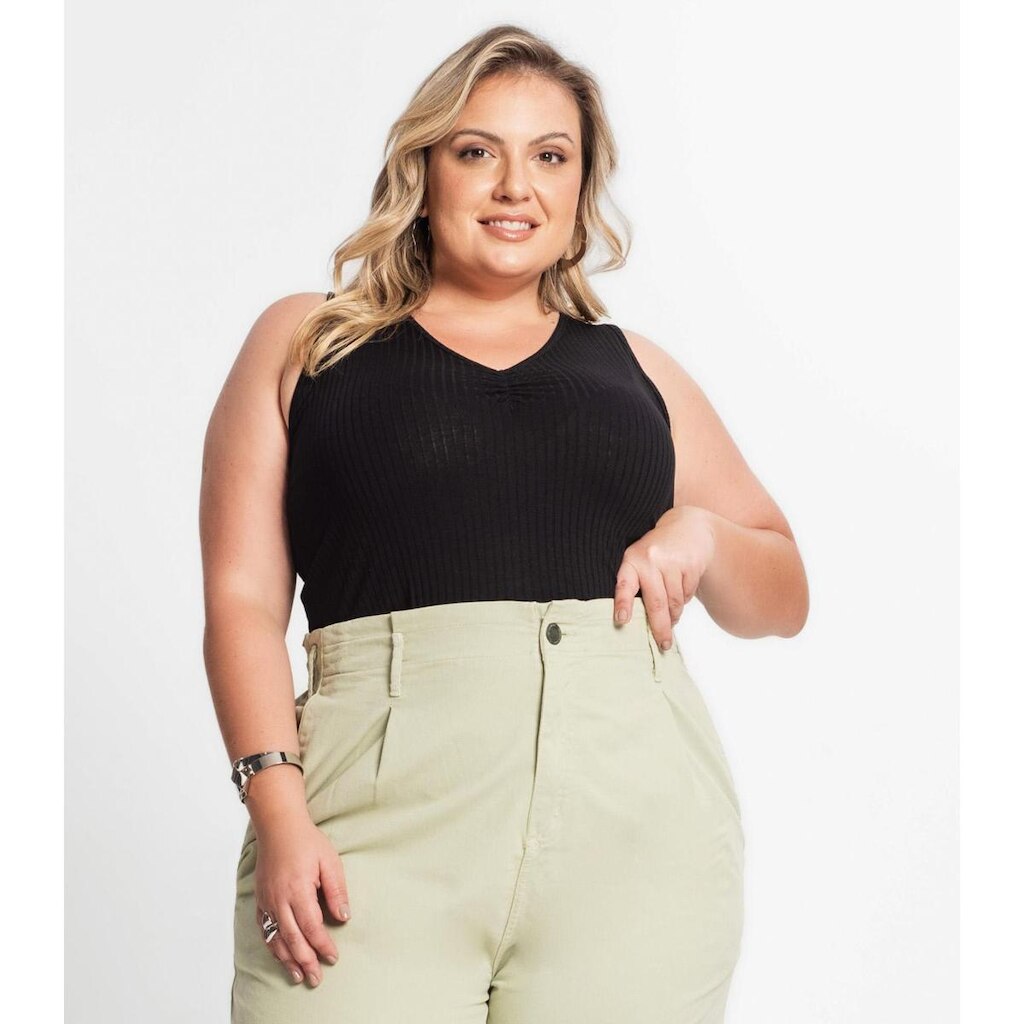 Regata Plus Size Em Ribana Canelada Secret Glam Preto