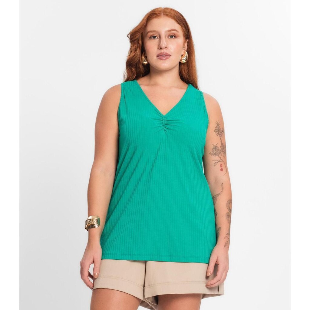 Regata Plus Size Em Ribana Canelada Secret Glam Verde