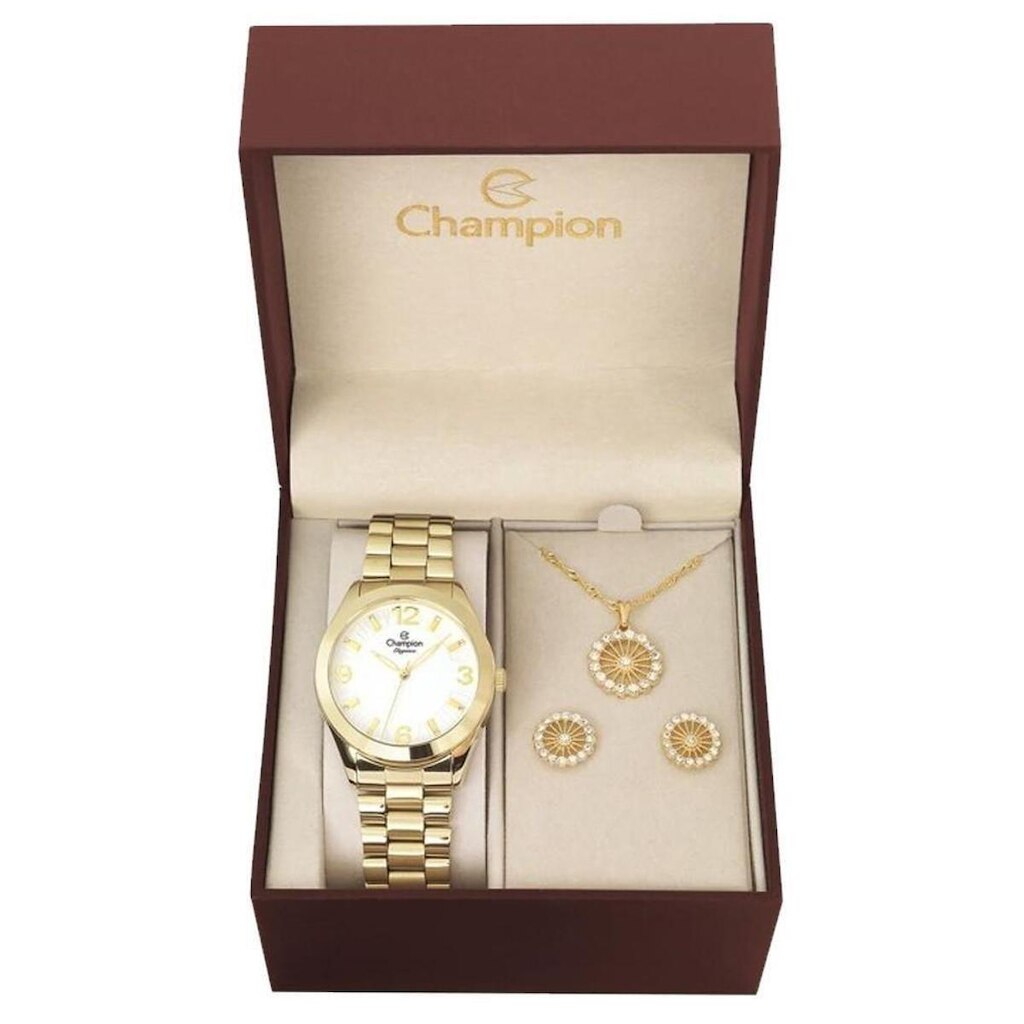 Relógio Champion Elegance Cn25216W  + Kit De Brincos E Colar