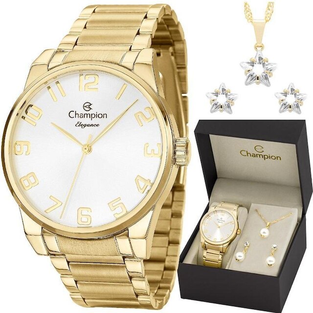 Relógio Champion Feminino Elegance CN27652W + Kit Colar e Brincos